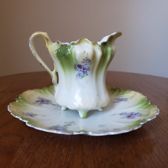 Antique RS Prussia Germany Purple Green Floral Gold Trim Footed Creamer & Saucer - Picture 2 of 8
